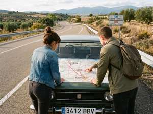Una pareja planea la ruta de viaje de Madrid a León