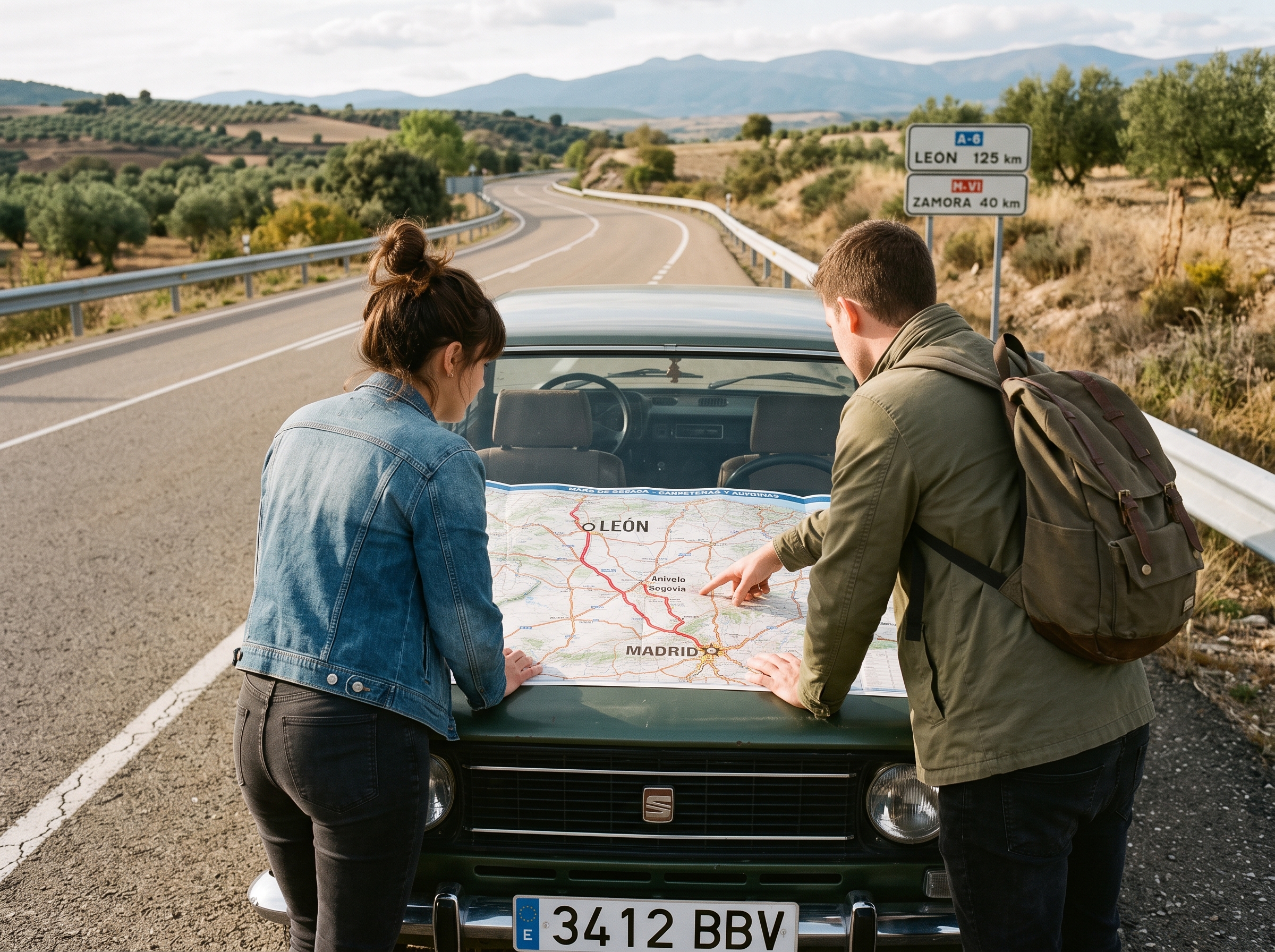 Una pareja planea la ruta de viaje de Madrid a León