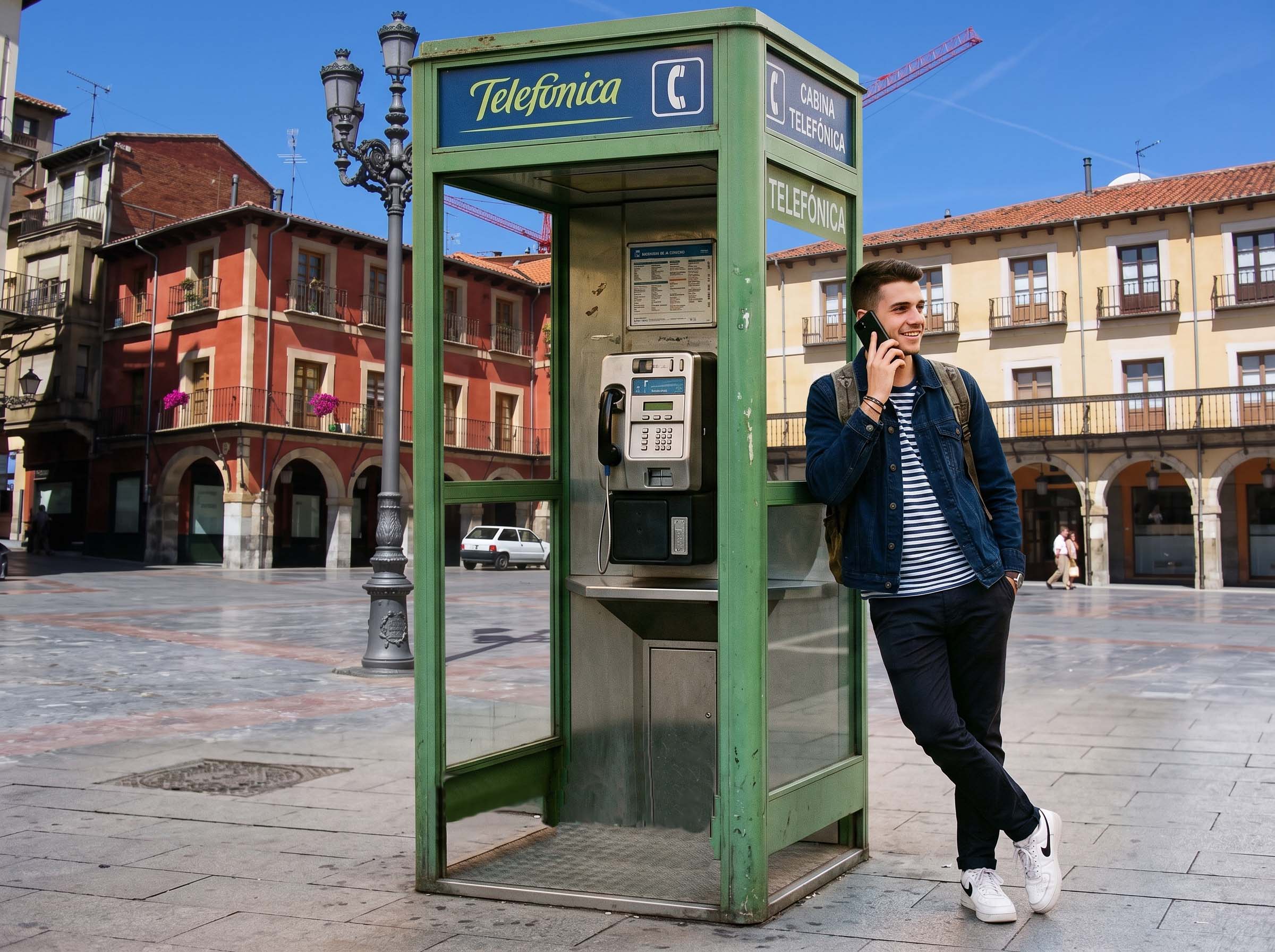 Joven habla por su teléfono móvil apoyado en una cabina ficticia de la plaza Mayor de León