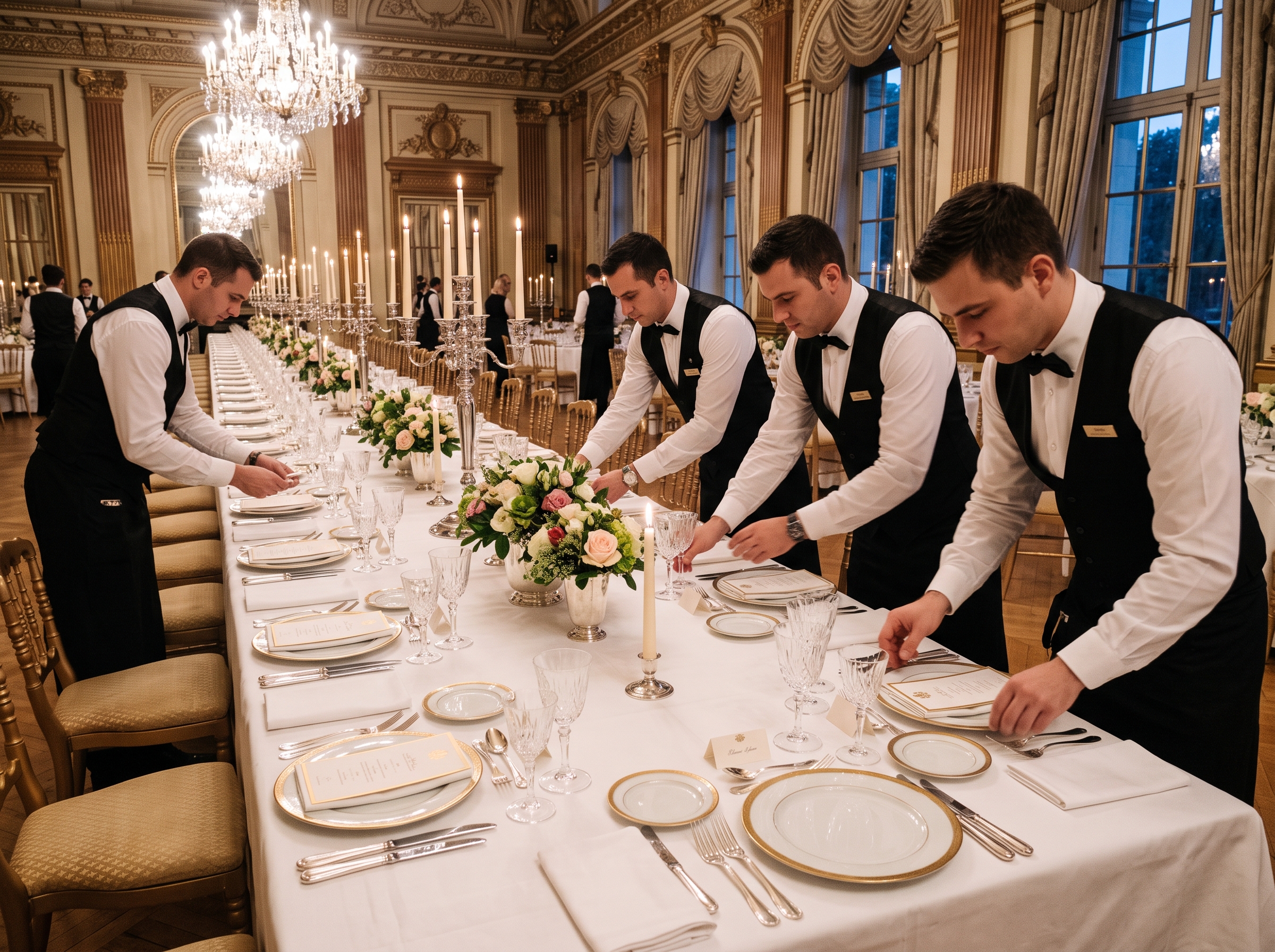 Grupo de camareros preparan una elegante mesa para celebrar un banquete