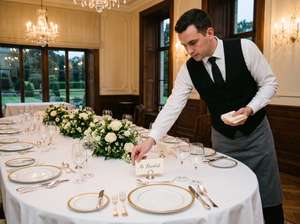 Camarero coloca los cartelitos con los nombres de los invitados al banquete