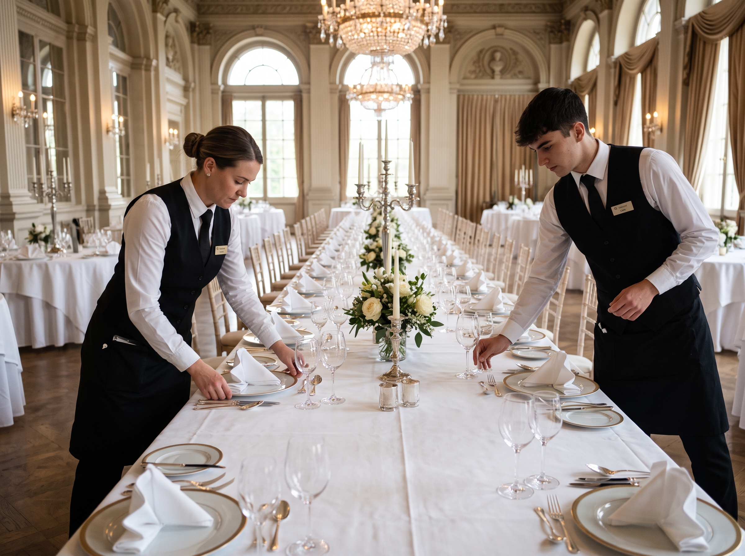 Dos camareros ponen una mesa para celebrar un banquete