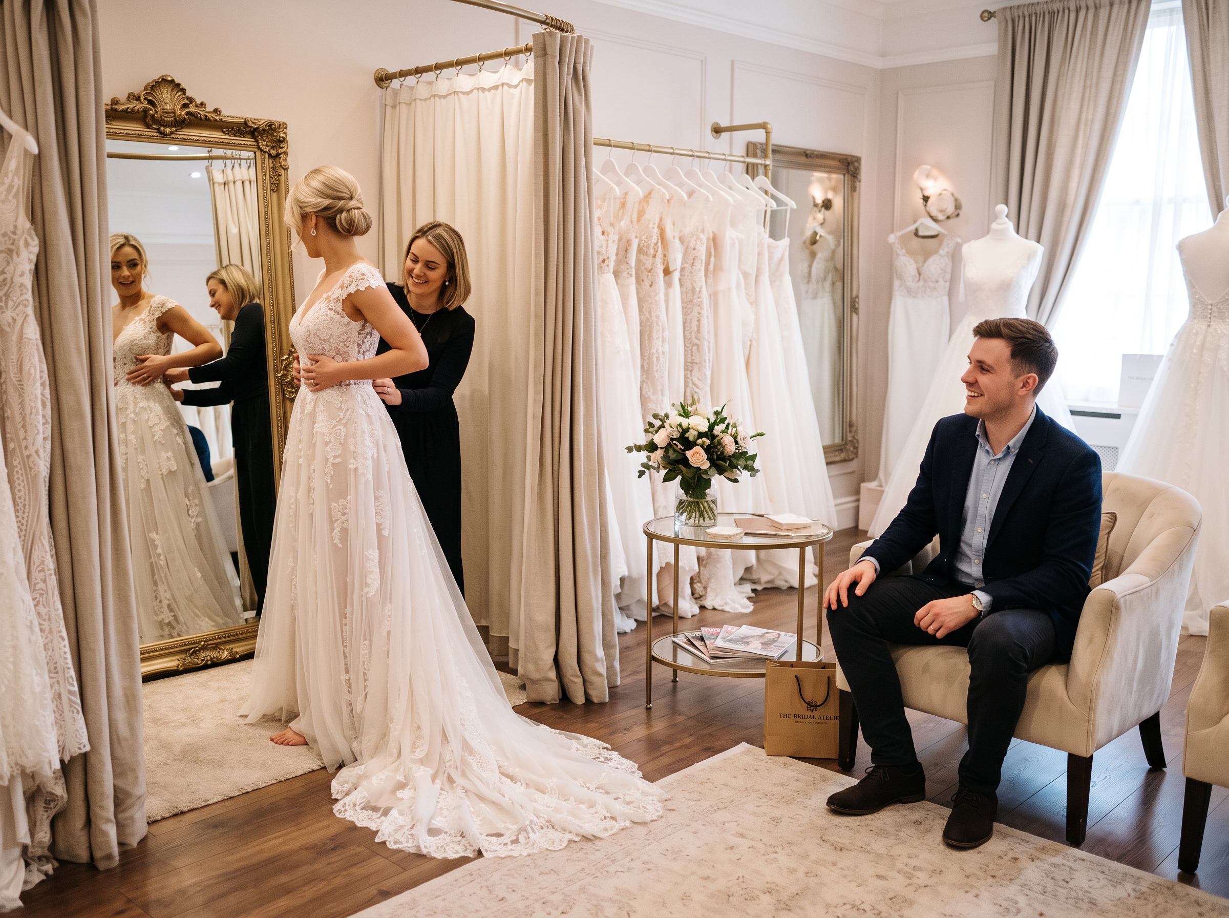 Una mujer se prueba un vestido de novia para su boda